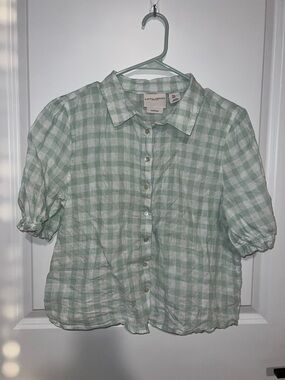 Laura Ashley 100% linen Gingham Button-Front Blouse cropped Medium